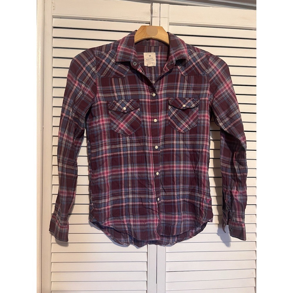 AMERICAN EAGLE Women's Size‎ XS Xsmall Shirt Top Button Down Pearl Snap Plaid